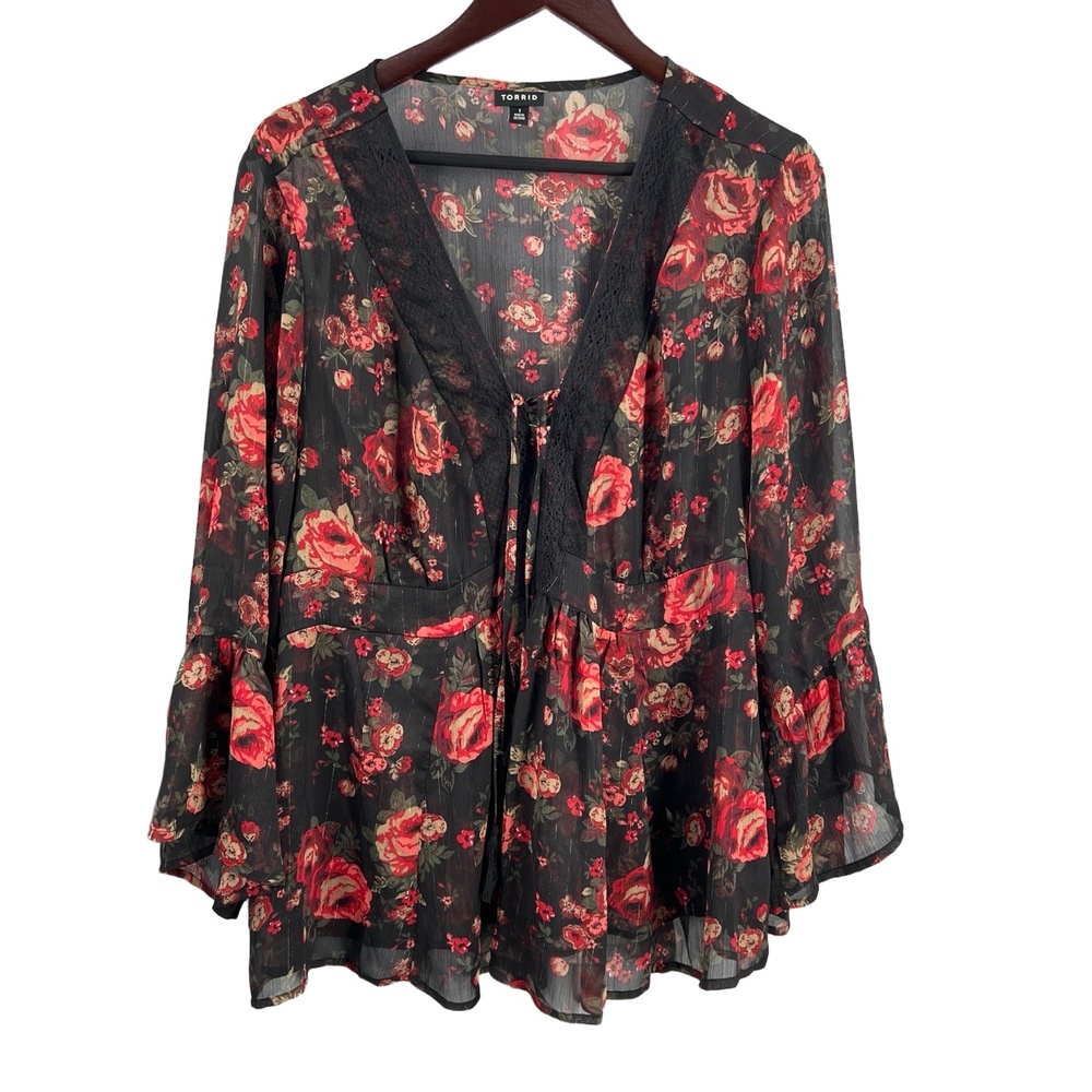Torrid Black Floral Sheer Bell Sleeve Metallic Accents Boho Romantic Size 1X